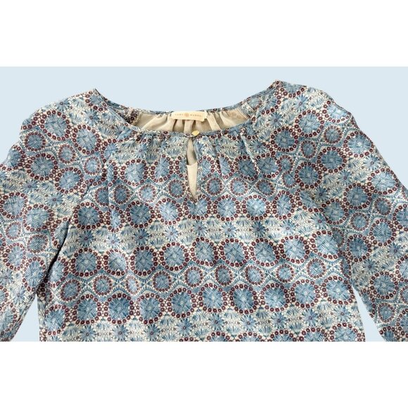TORY BURCH Blue Medallion Print Silk Blend Pullover Blouse Size 6 - Picture 3 of 7